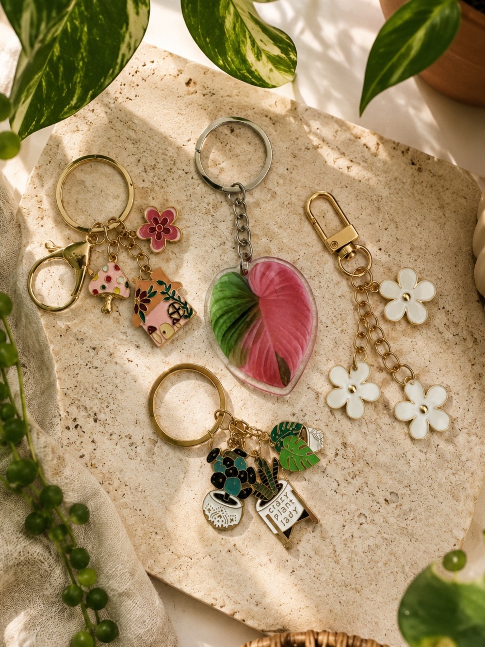 Plant Theme Keychain Set Floral Botanical Charm 4 Pack Gift
